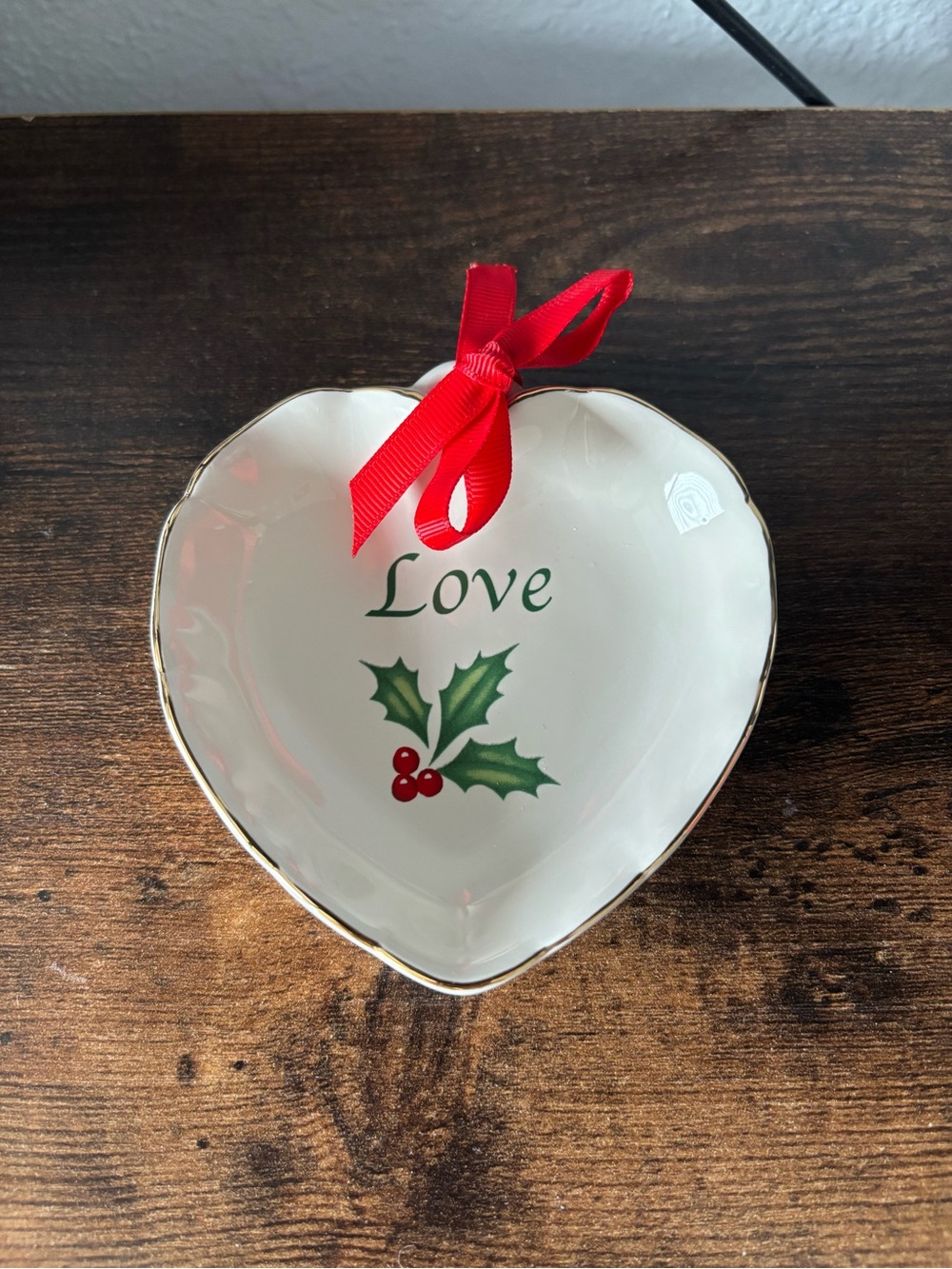 Lenox White Heart Ornament Dish with Red Bow and Green Holly